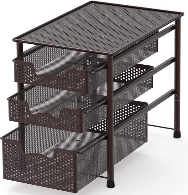 SimpleHouseware Stackable 3 Tier Sliding Basket Organizer Drawer, Bronze - Image 2